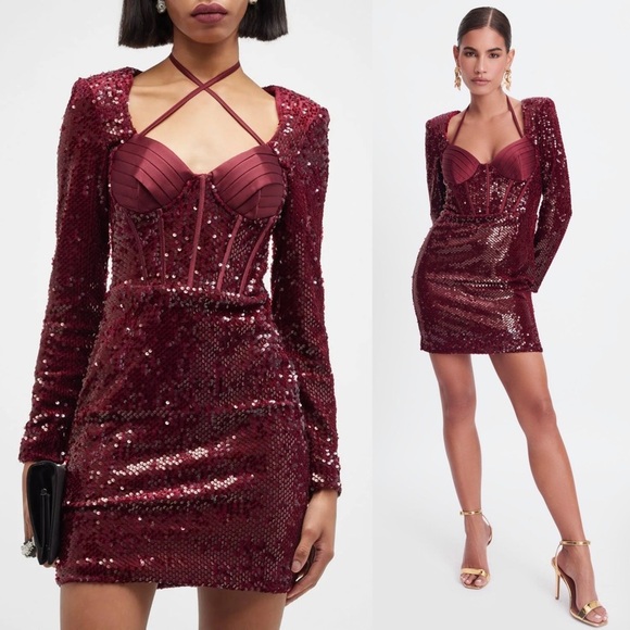 NWT LAVISH ALICE Velvet Sequin Pleated Satin Sweetheart Neck Corset Mini Dress 8 - Picture 1 of 10